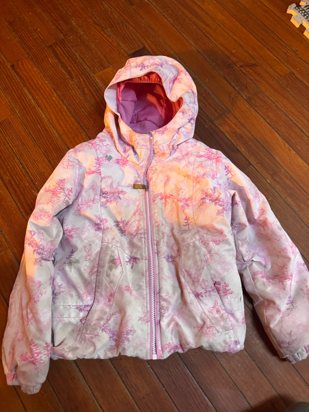 Obermeyer Pink Floral Hooded Puffer Jacket size 7 woodland creatures